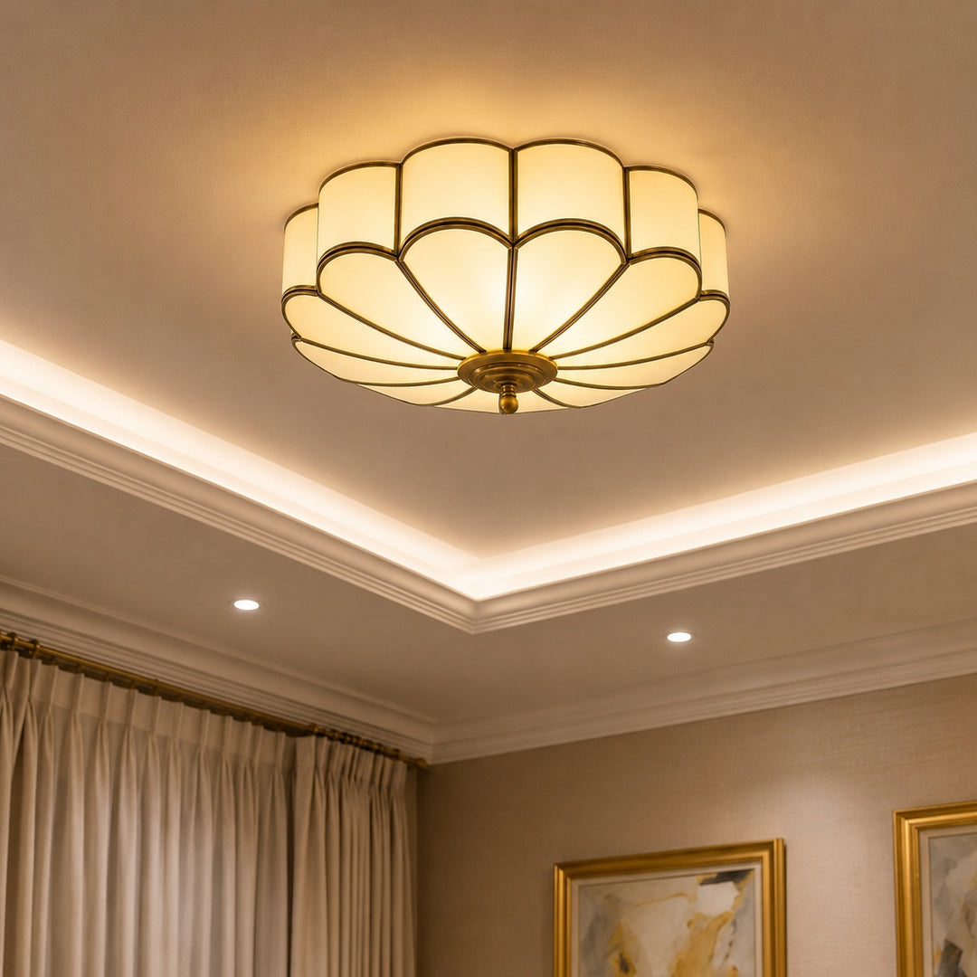 Flower-Shaped Opal Glass & Brass Semi-Flush Mount Ceiling Light