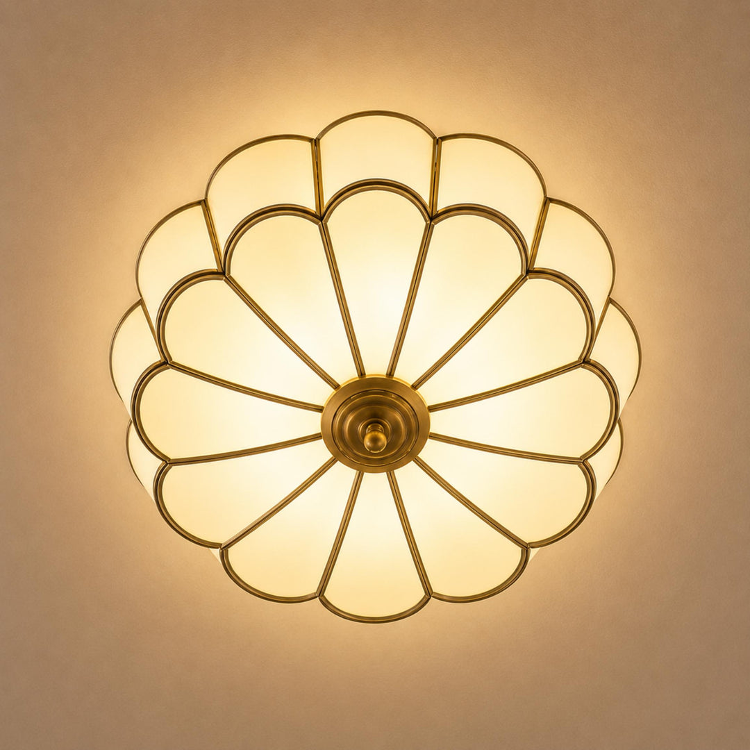 Flower-Shaped Opal Glass & Brass Semi-Flush Mount Ceiling Light