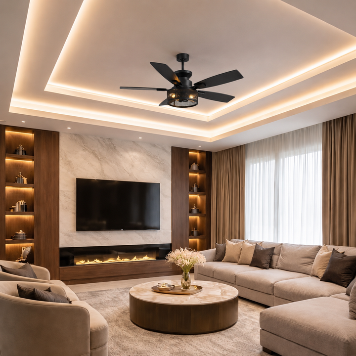 Modern Black Ceiling Fan 46 Inch Flush Mount with LED Lights Remote Control and Whisper-Quiet Motor