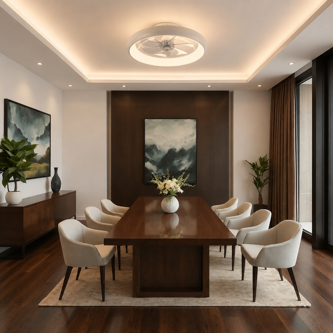 Modern LED Ceiling Fan with Lights Flush Mount Metal Adjustable DC Motor and Dimmable Lighting 19.7 Inch