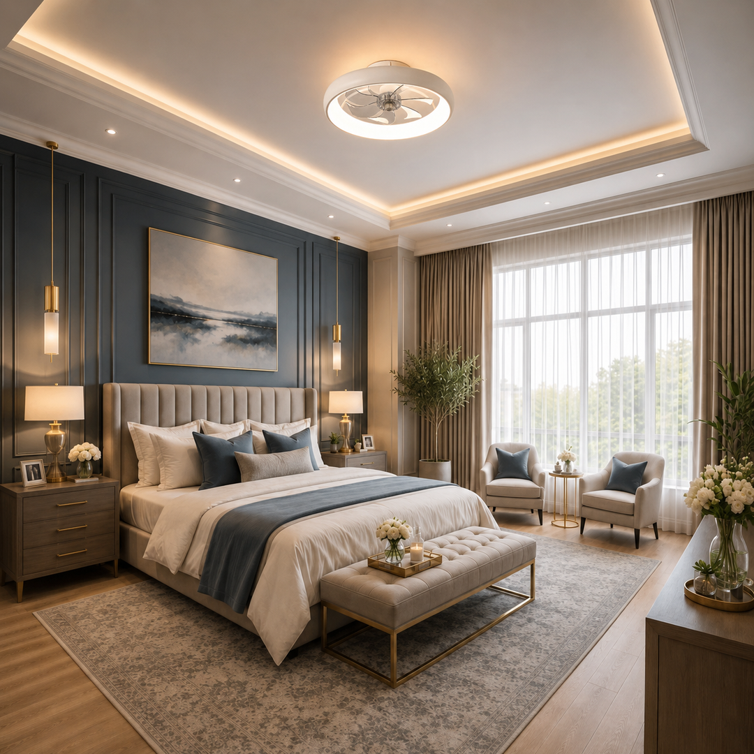 Modern LED Ceiling Fan with Lights Flush Mount Metal Adjustable DC Motor and Dimmable Lighting 19.7 Inch