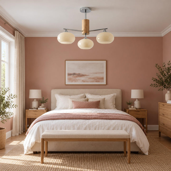 Midcentury Elliptical Chandelier Ceiling Light with Metal Frame and Glass Shade LED Compatible
