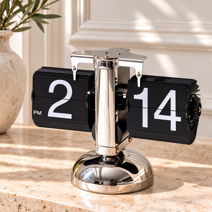 Modern Flip Clock with Stainless Steel and PVC Construction 12-Hour Time Display