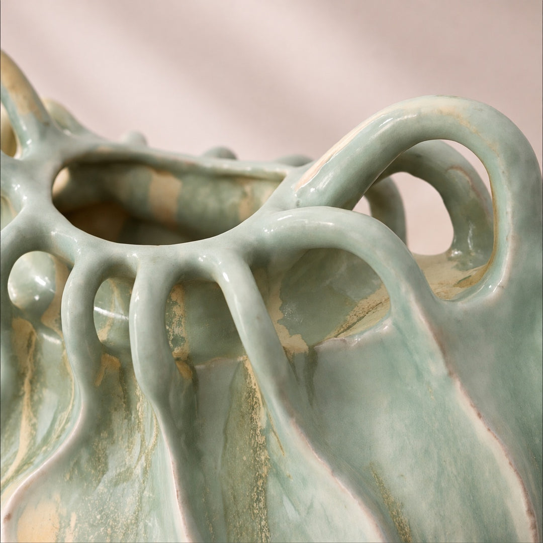 Modern Sculptural Ceramic Vase Multi-Handle Design Hand-Painted Green and Sand 33 cm Decorative Centerpiece