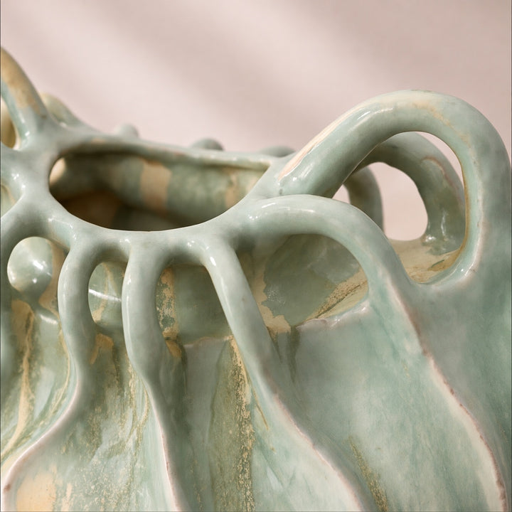 Modern Sculptural Ceramic Vase Multi-Handle Design Hand-Painted Green and Sand 33 cm Decorative Centerpiece