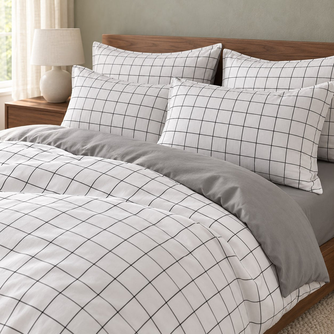 Modern Plain Grid Bedding Set Duvet Cover Flat Sheet Pillow Cases Polyester Fabric