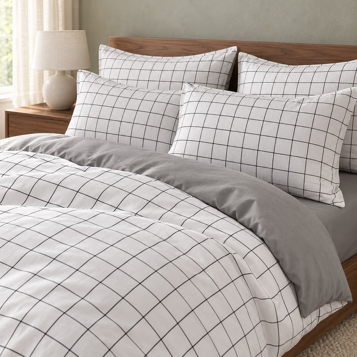 Modern Plain Grid Bedding Set Duvet Cover Flat Sheet Pillow Cases Polyester Fabric