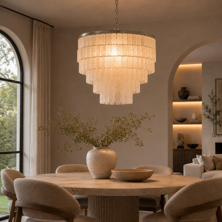 Coastal Style Chandelier Light Pendant with Adjustable Metal Frame and Natural Shell Panels for Soft Illumination