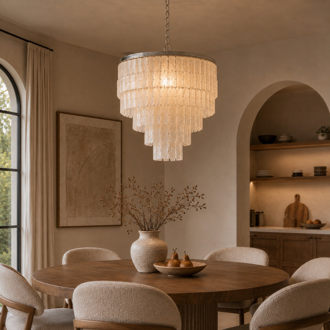 Coastal Style Chandelier Light Pendant with Adjustable Metal Frame and Natural Shell Panels for Soft Illumination