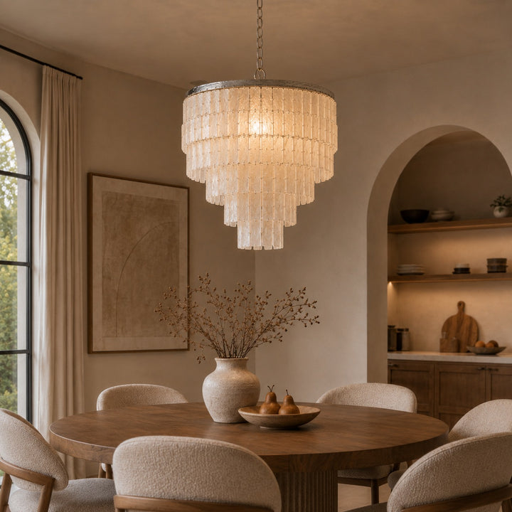 Coastal Style Chandelier Light Pendant with Adjustable Metal Frame and Natural Shell Panels for Soft Illumination