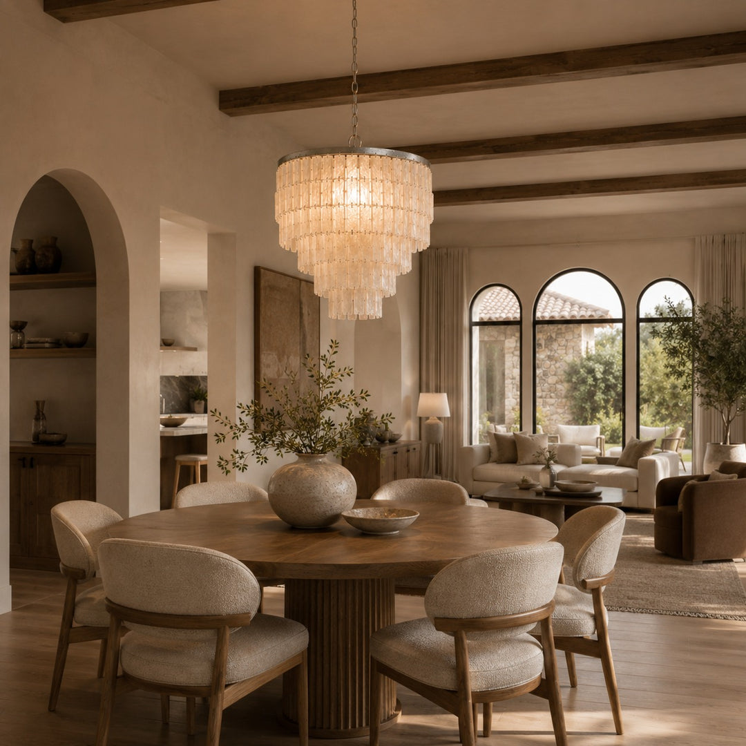 Coastal Style Chandelier Light Pendant with Adjustable Metal Frame and Natural Shell Panels for Soft Illumination