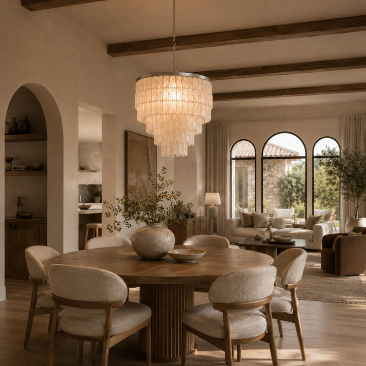 Coastal Style Chandelier Light Pendant with Adjustable Metal Frame and Natural Shell Panels for Soft Illumination