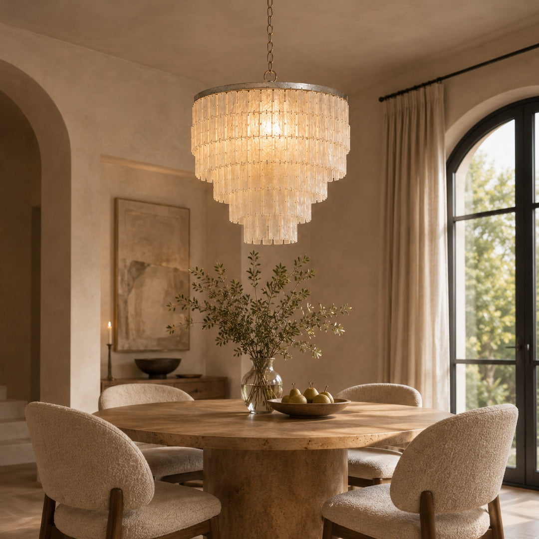 Coastal Style Chandelier Light Pendant with Adjustable Metal Frame and Natural Shell Panels for Soft Illumination