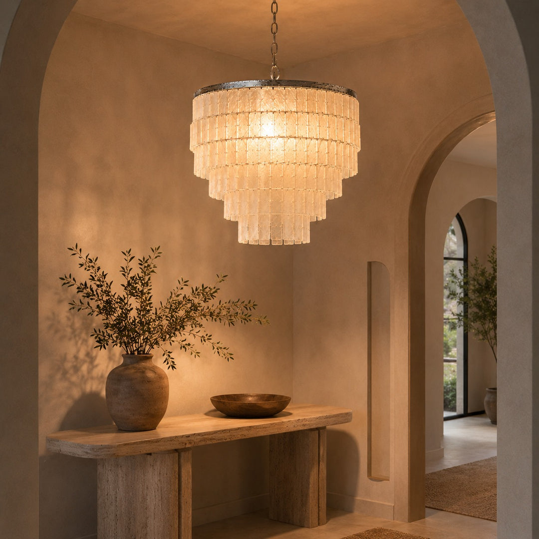 Coastal Style Chandelier Light Pendant with Adjustable Metal Frame and Natural Shell Panels for Soft Illumination