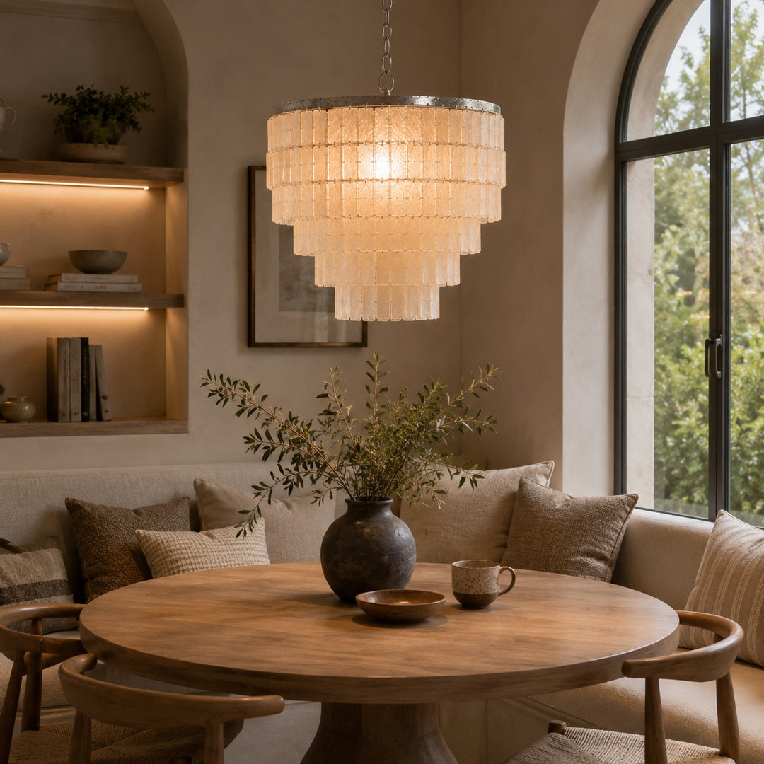 Coastal Style Chandelier Light Pendant with Adjustable Metal Frame and Natural Shell Panels for Soft Illumination