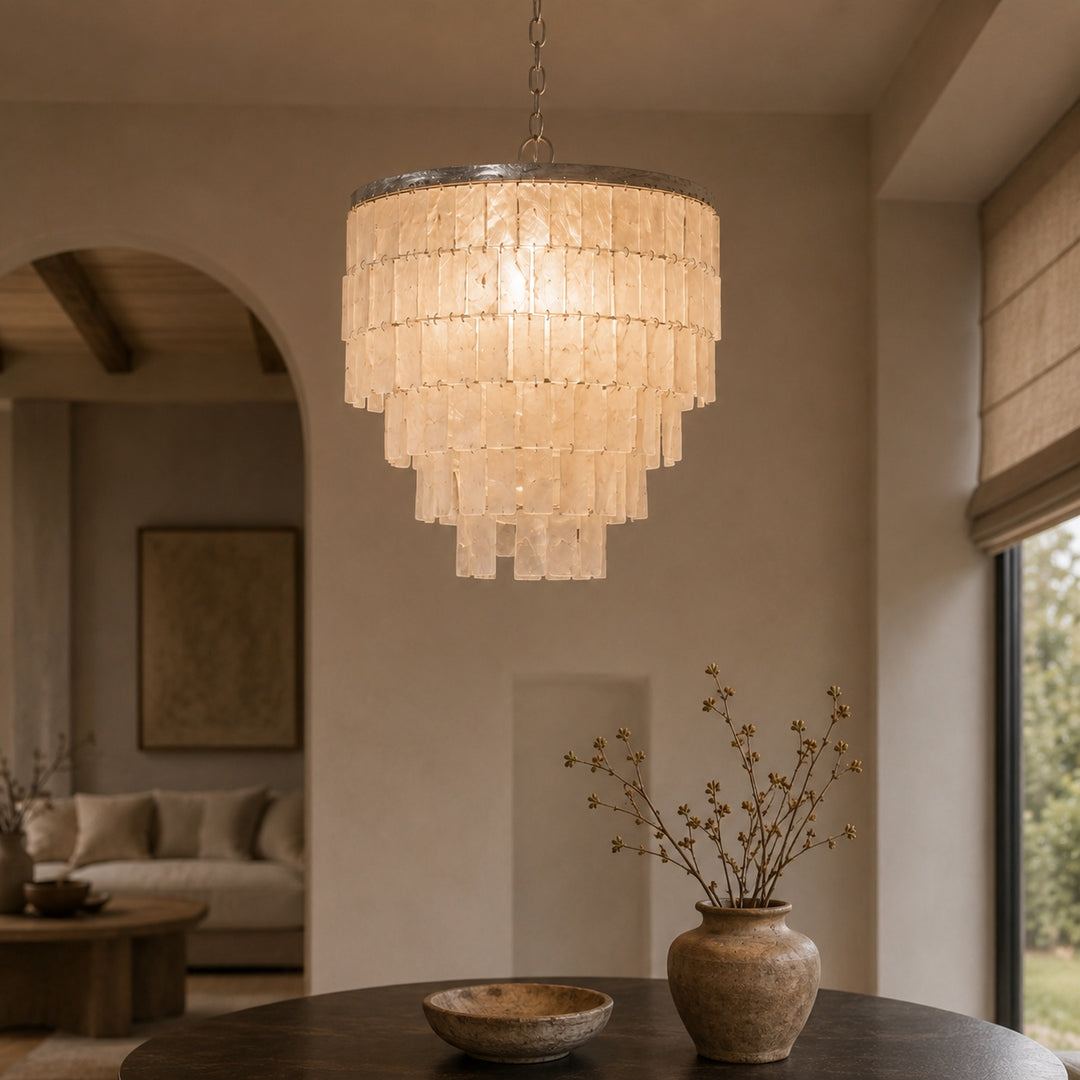 Coastal Style Chandelier Light Pendant with Adjustable Metal Frame and Natural Shell Panels for Soft Illumination