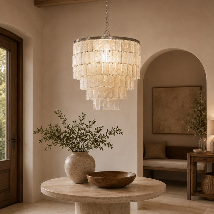 Coastal Style Chandelier Light Pendant with Adjustable Metal Frame and Natural Shell Panels for Soft Illumination