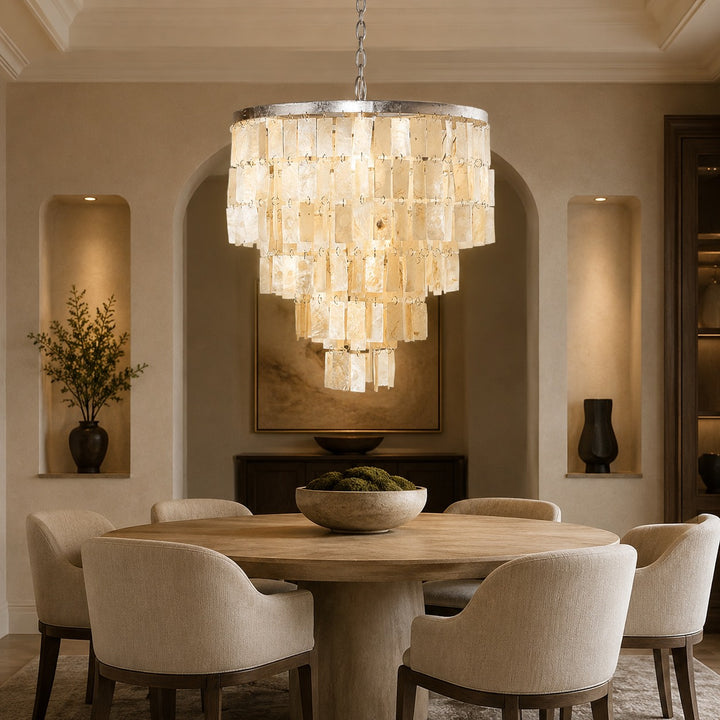 Coastal Style Chandelier Light Pendant with Adjustable Metal Frame and Natural Shell Panels for Soft Illumination