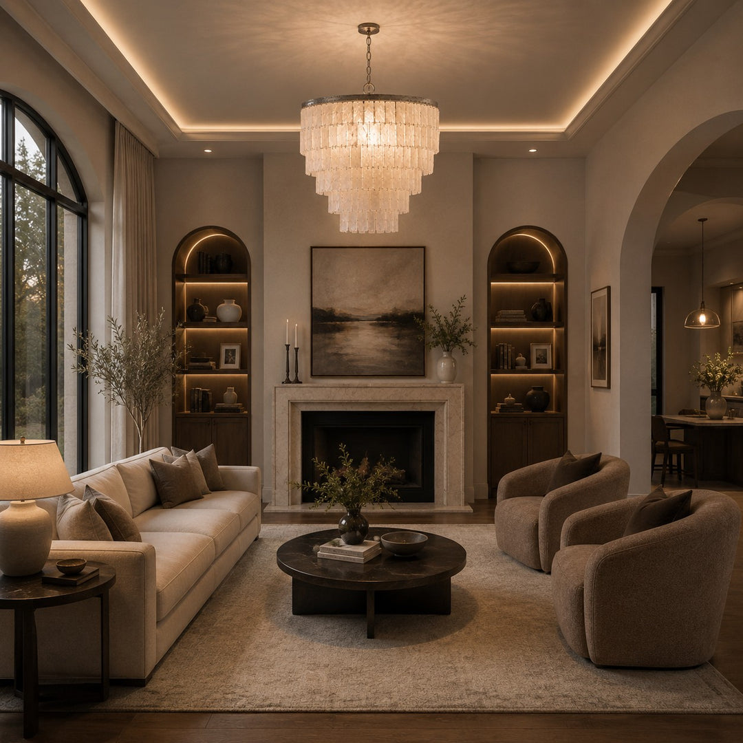 Coastal Style Chandelier Light Pendant with Adjustable Metal Frame and Natural Shell Panels for Soft Illumination