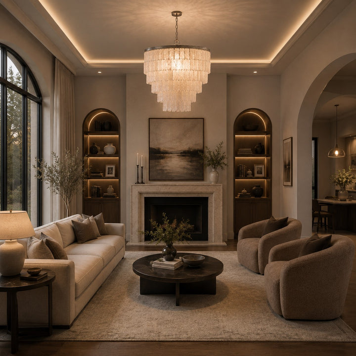 Coastal Style Chandelier Light Pendant with Adjustable Metal Frame and Natural Shell Panels for Soft Illumination
