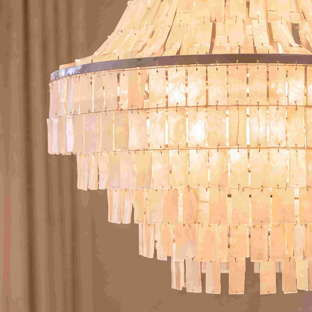 Coastal Tiered Chandelier Light Adjustable Metal Frame Natural Shell 8 Bulb Warm White