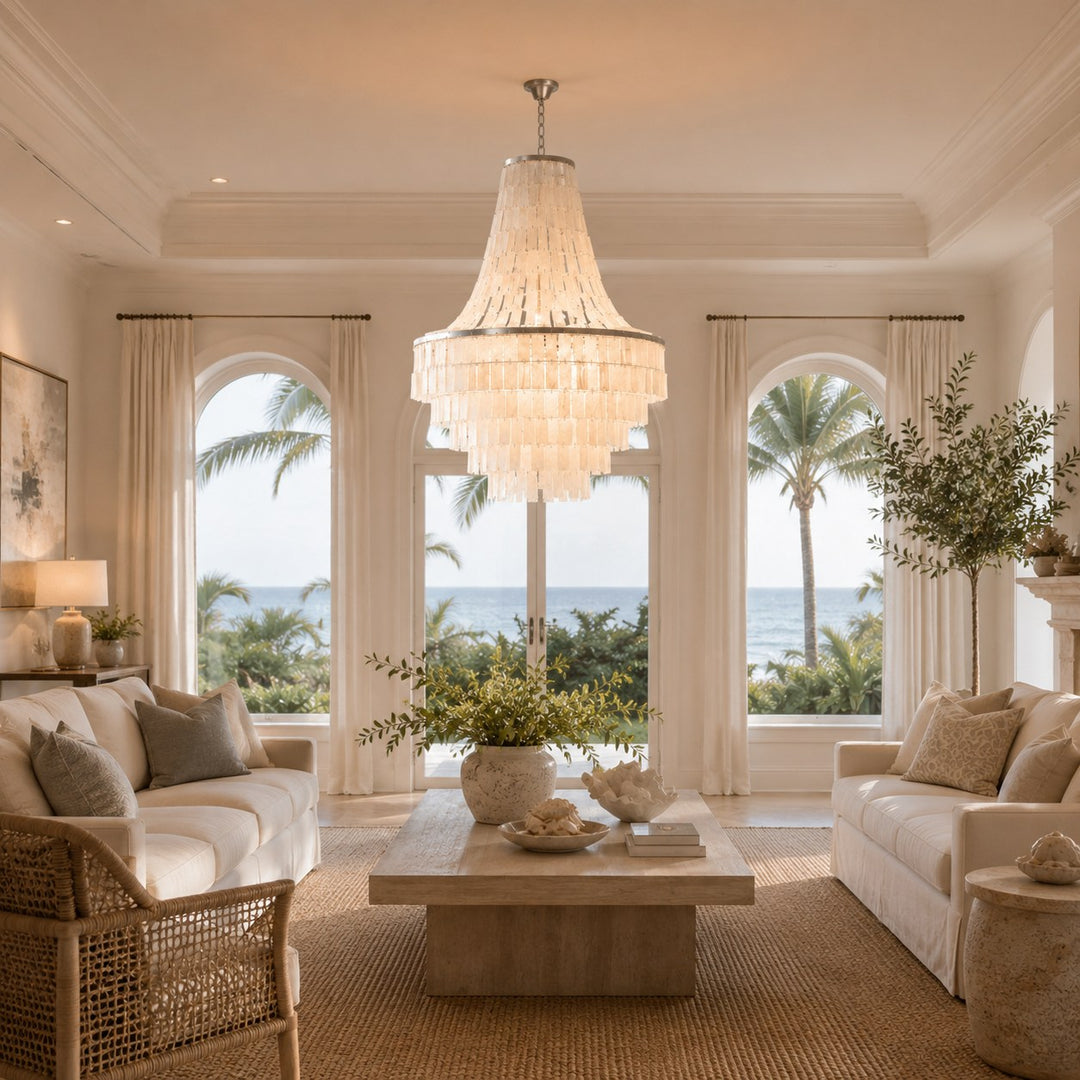 Coastal Tiered Chandelier Light Adjustable Metal Frame Natural Shell 8 Bulb Warm White