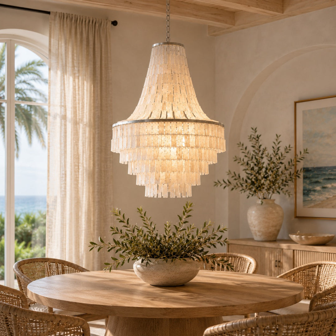 Coastal Tiered Chandelier Light Adjustable Metal Frame Natural Shell 8 Bulb Warm White