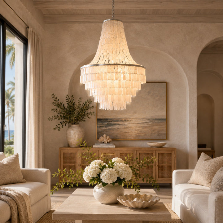 Coastal Tiered Chandelier Light Adjustable Metal Frame Natural Shell 8 Bulb Warm White