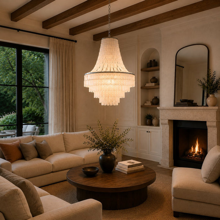 Coastal Tiered Chandelier Light Adjustable Metal Frame Natural Shell 8 Bulb Warm White