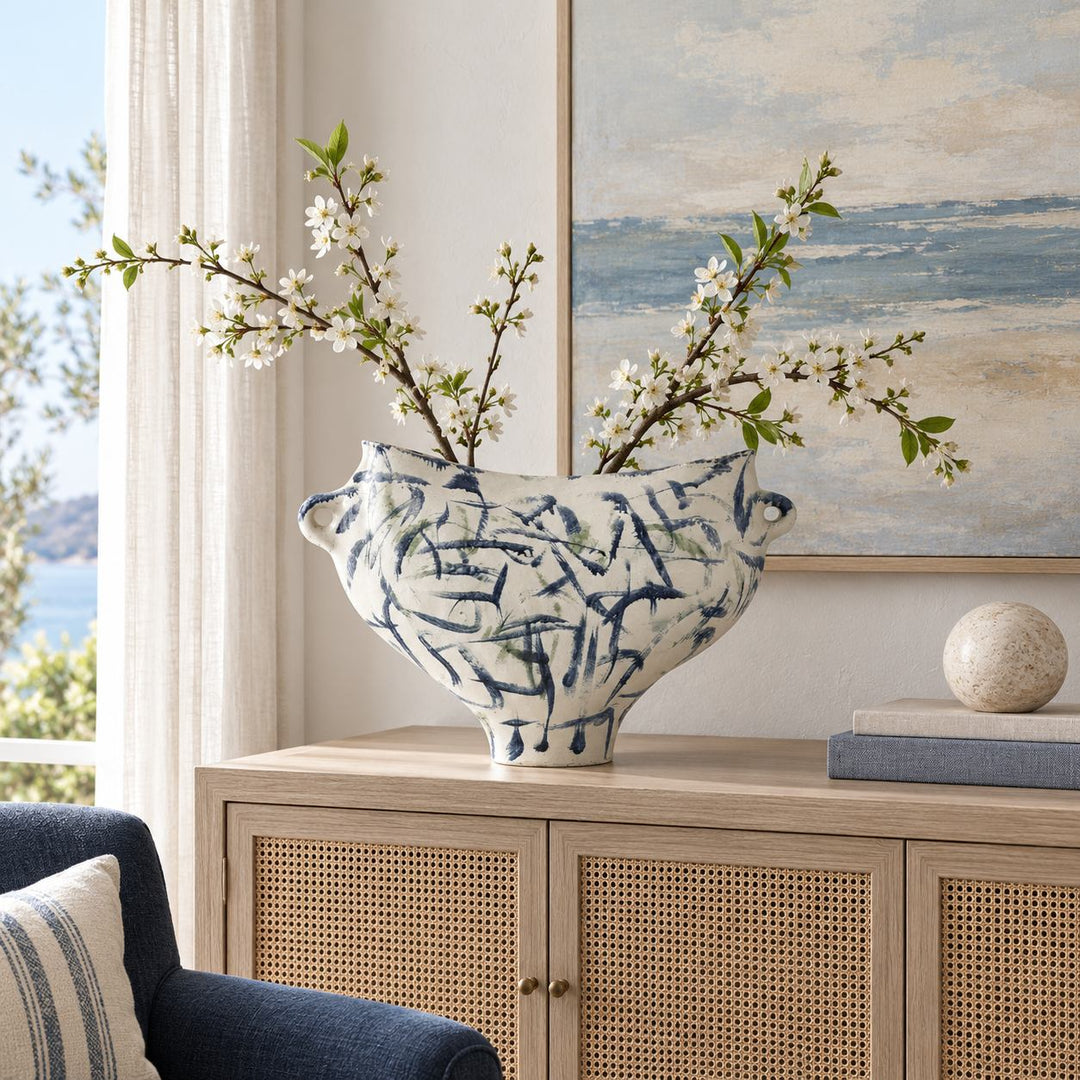 Modern Abstract Ceramic Vase Hand-Painted White with Indigo and Moss-Green for Floral Arrangements