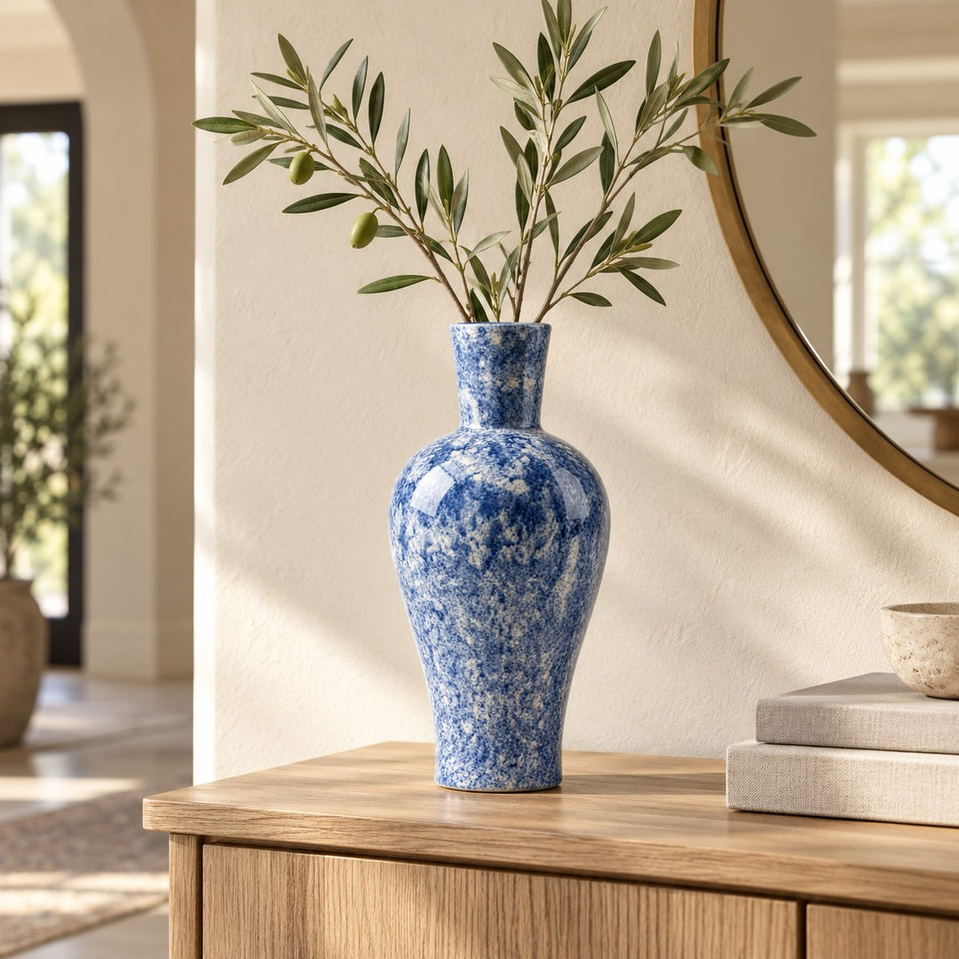 Hand-Painted Porcelain Vase Blue Marbled Decorative Accent 38 cm Unique Artisan Design