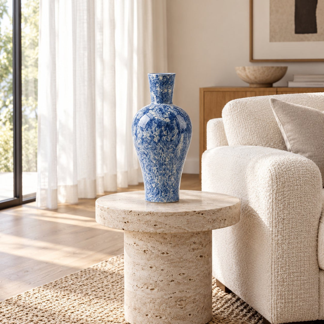 Hand-Painted Porcelain Vase Blue Marbled Decorative Accent 38 cm Unique Artisan Design