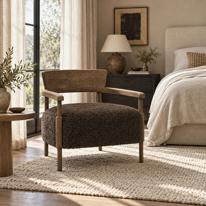 Modern Accent Chair Solid Oak Frame Thick Cushioned Seat Natural Shearling Upholstery