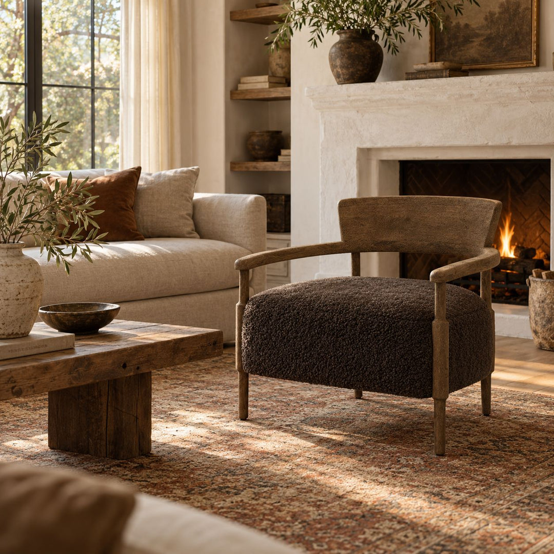 Modern Accent Chair Solid Oak Frame Thick Cushioned Seat Natural Shearling Upholstery
