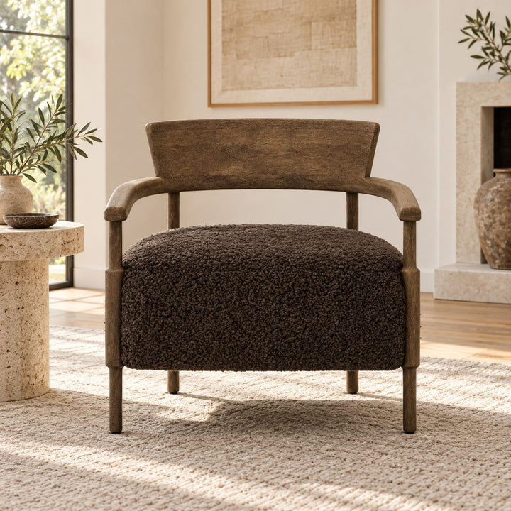 Modern Accent Chair Solid Oak Frame Thick Cushioned Seat Natural Shearling Upholstery