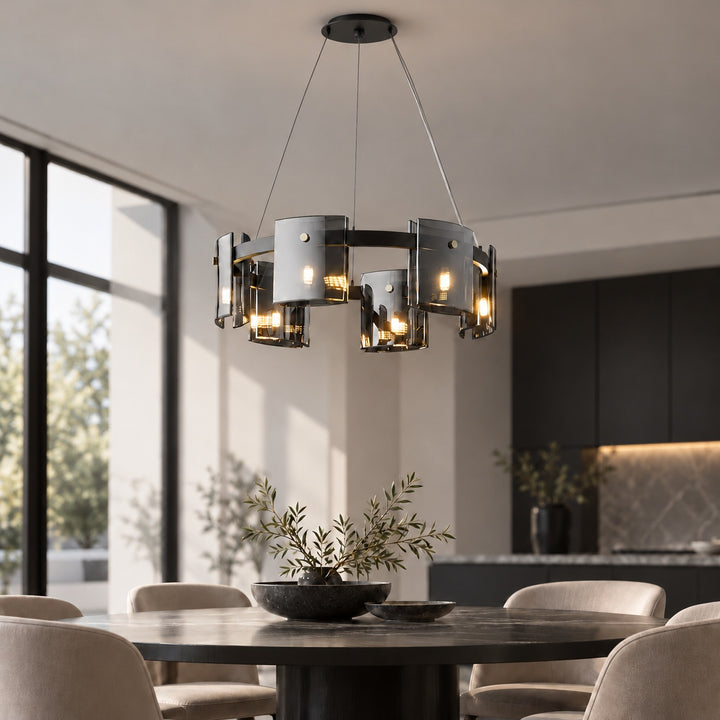 Modern Chandelier Ceiling Light Adjustable Height Metal and Glass LED Indoor Fixture