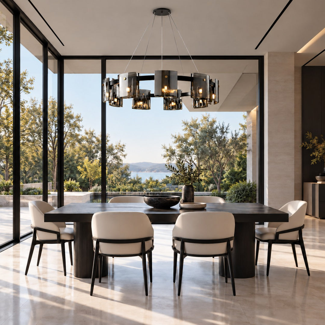Modern Chandelier Ceiling Light Adjustable Height Metal and Glass LED Indoor Fixture
