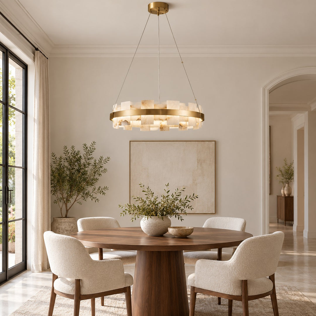 Modern Chandelier Hanging Light with Metal Frame and White Alabaster Panels Integrated LED