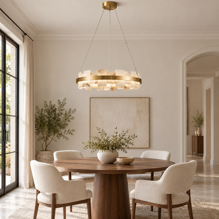 Modern Chandelier Hanging Light with Metal Frame and White Alabaster Panels Integrated LED