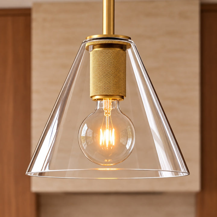 Modern Clear Glass Pendant Light with Natural Brass Finish – E27 Single Pendant