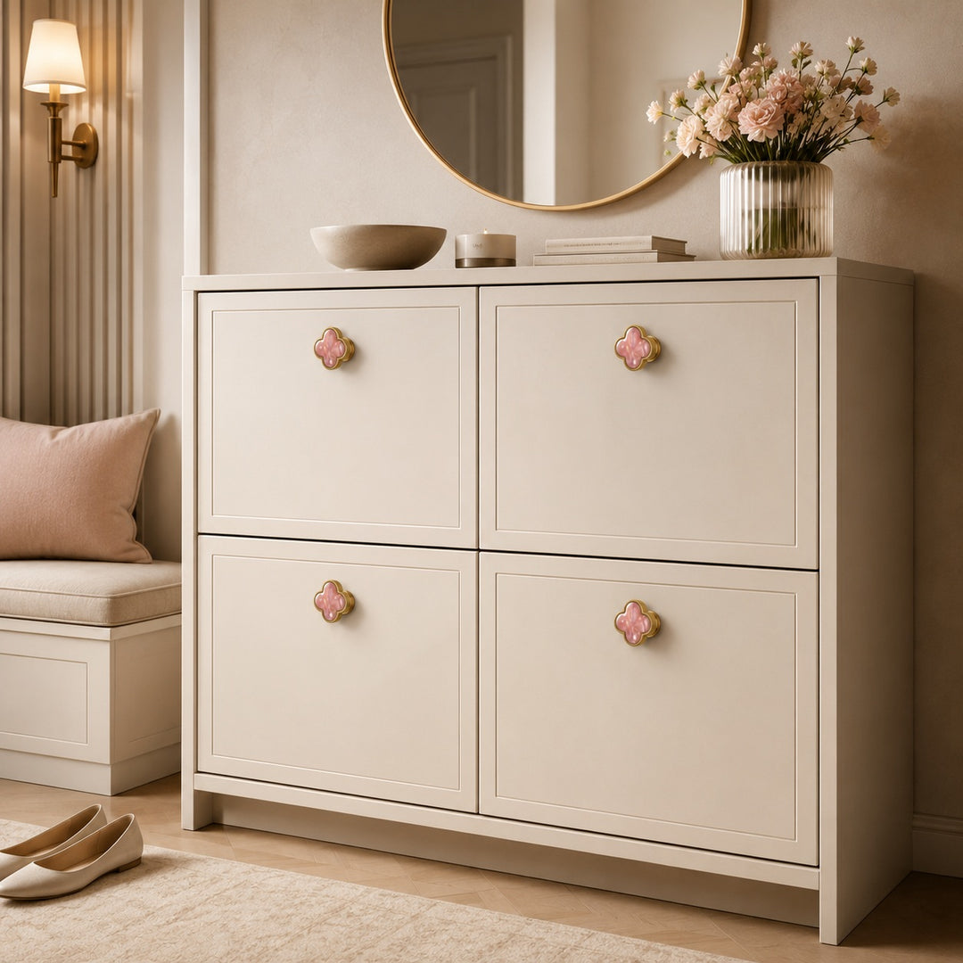 Contemporary Cabinet Knobs Leather and Brass Four-Leaf Clover Shape User-Friendly Installation
