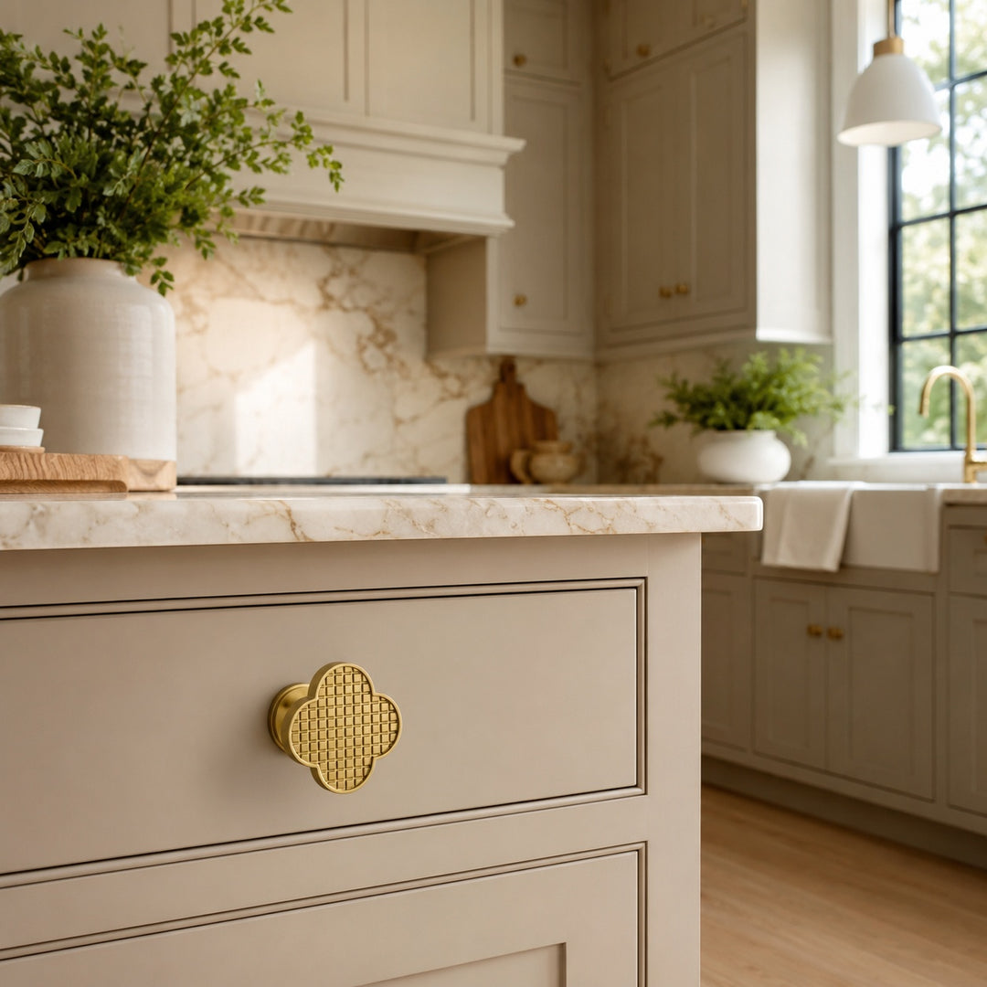 Contemporary Cabinet Knobs Leather and Brass Four-Leaf Clover Shape User-Friendly Installation