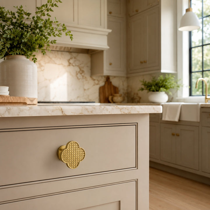 Contemporary Cabinet Knobs Leather and Brass Four-Leaf Clover Shape User-Friendly Installation