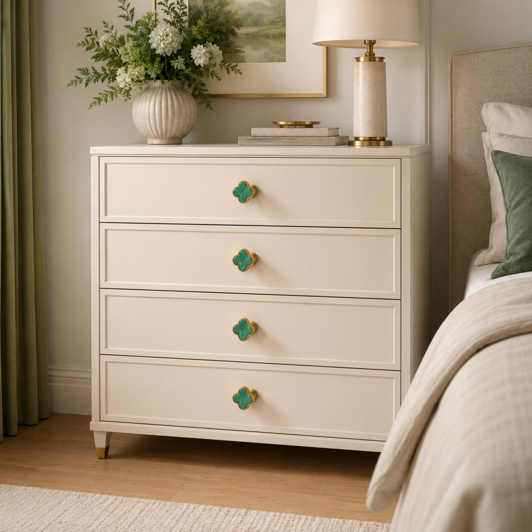 Contemporary Cabinet Knobs Leather and Brass Four-Leaf Clover Shape User-Friendly Installation