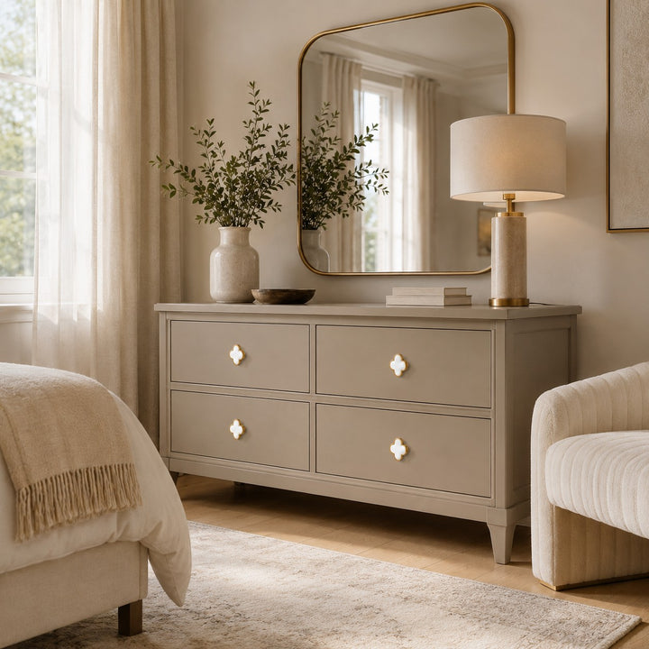 Contemporary Cabinet Knobs Leather and Brass Four-Leaf Clover Shape User-Friendly Installation