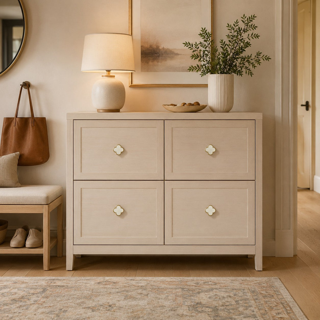 Contemporary Cabinet Knobs Leather and Brass Four-Leaf Clover Shape User-Friendly Installation