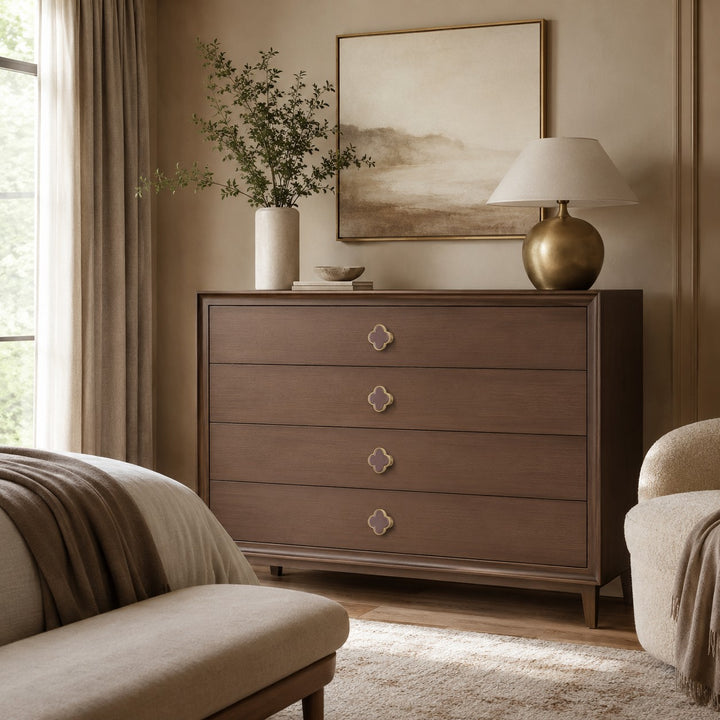 Contemporary Cabinet Knobs Leather and Brass Four-Leaf Clover Shape User-Friendly Installation
