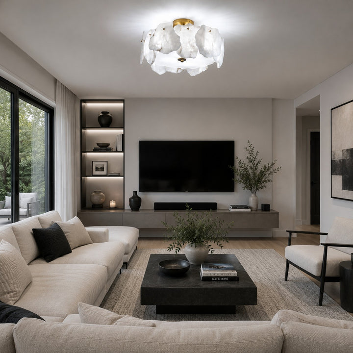 Contemporary Flush Mount Ceiling Light Copper Base Alabaster Panels Soft Diffused Lighting
