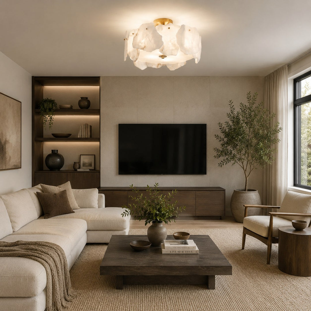 Contemporary Flush Mount Ceiling Light Copper Base Alabaster Panels Soft Diffused Lighting