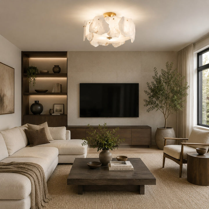 Contemporary Flush Mount Ceiling Light Copper Base Alabaster Panels Soft Diffused Lighting